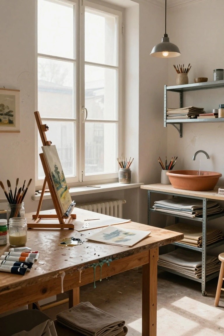 Bright artist's studio featuring a wooden workbench with paint tubes, brushes, spills, and jars, an easel holding a landscape painting by large windows, metal shelving with supplies, and a terracotta sink.