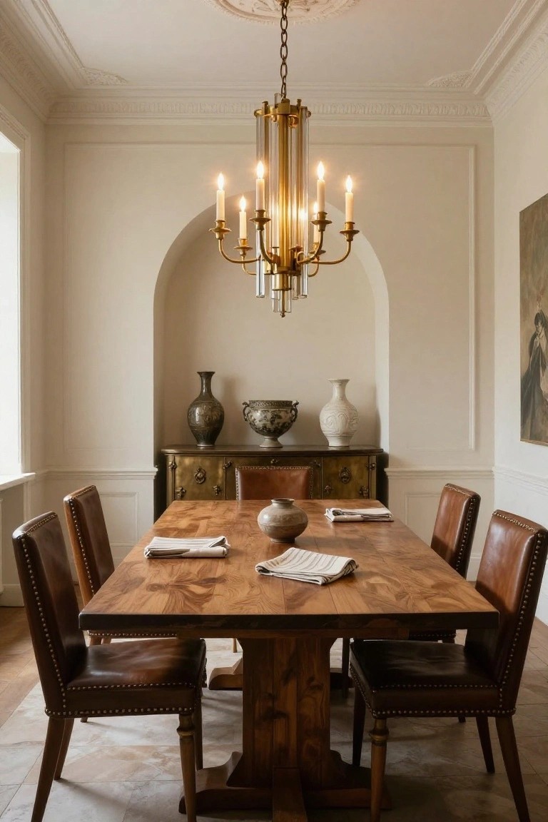 Formal dining room with a rectangular wooden table set with linen napkins, surrounded by tufted brown leather chairs, under a brass chandelier with candles, and an arched niche containing a credenza with ceramic vases.