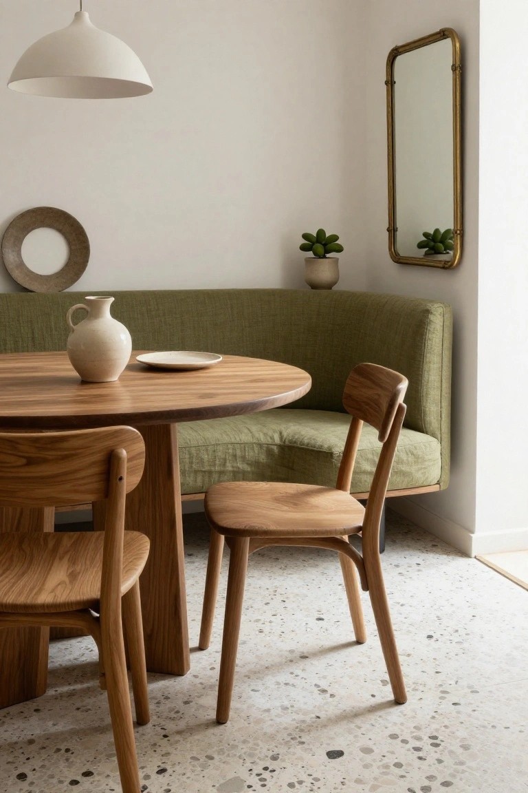 Corner dining area with curved green upholstered banquette, round wooden table, two wooden chairs, white ceramic vase and plate on table, potted plant, hanging pendant light, brass mirror, and terracotta floor.