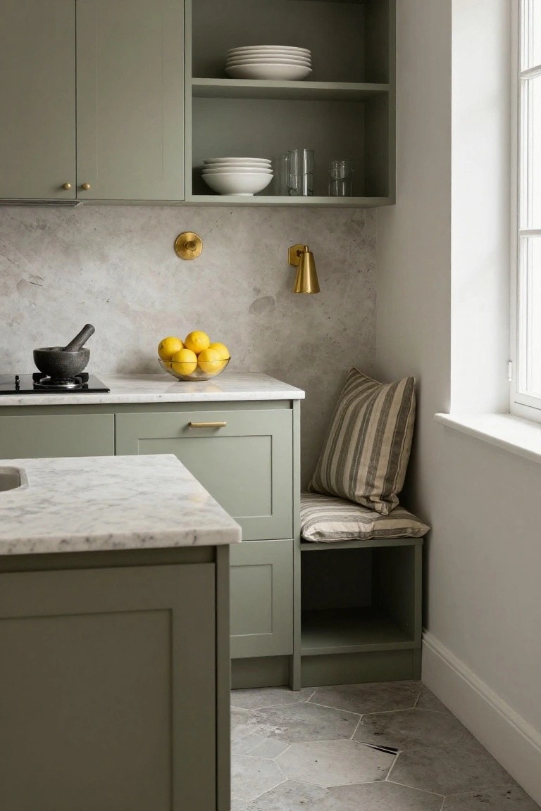 Sage green kitchen cabinets with brass pulls, white marble countertops and backsplash, gas stovetop, bowl of lemons, mortar and pestle, and built-in corner bench with beige and white striped cushions next to a window.