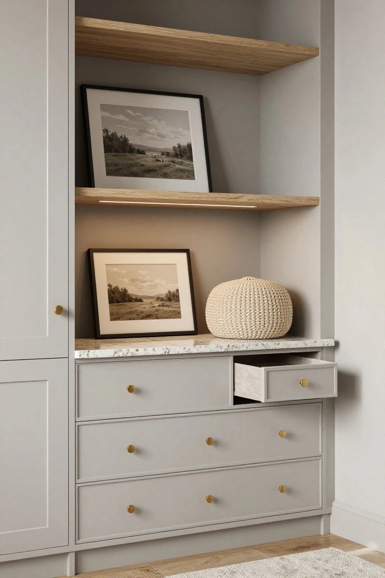 Tall gray-painted built-in cabinet with oak open shelves holding framed sepia photos and a cream knit ball, marble countertop, open wood-lined drawer with brass knobs, in a light interior with wood floor.