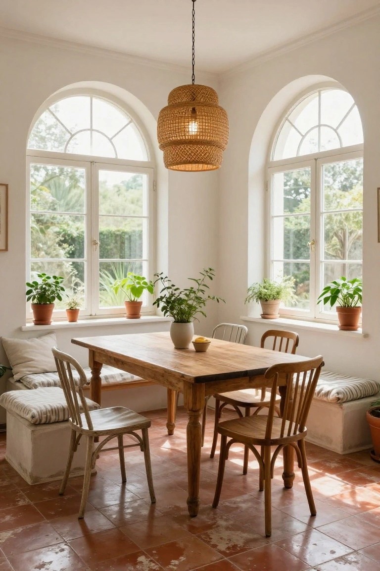 White-walled corner dining area with built-in cushioned banquette seating, wooden table, four wooden chairs, potted plants on windowsills and table, rattan pendant light, arched windows overlooking greenery, terracotta tile floor.