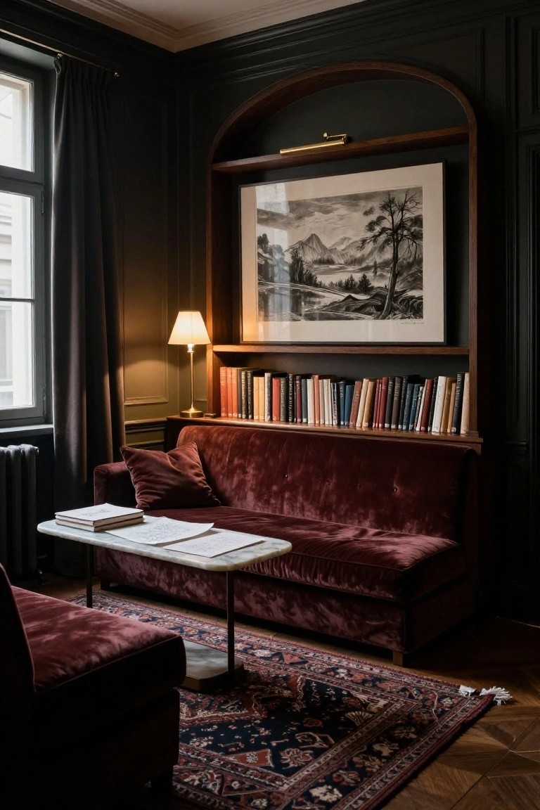 Dark green paneled interior room with arched wooden bookcase displaying books and framed artwork, red velvet sofa and chaise on a patterned rug, marble coffee table, and lamp beside a window with curtains.