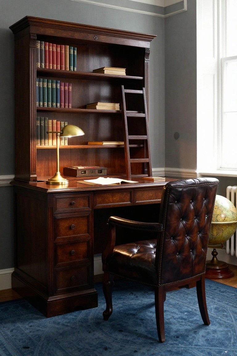 Tall wooden bookcase desk unit with ladder, brass lamp on desk, open books, leather armchair, globe stand, against gray wall near window and blue rug.
