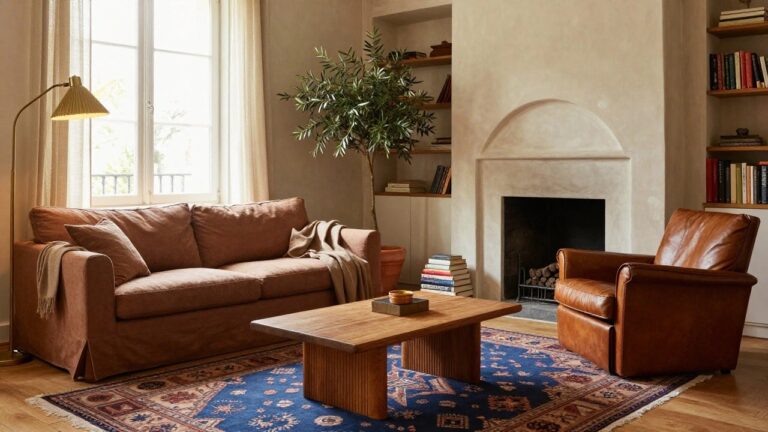 Light-filled living room corner with tall potted olive tree next to tan leather armchair, white sofa and chaise, wooden coffee table with stacked books, arched white fireplace, beige curtains on large windows, and blue rug on wood floors.