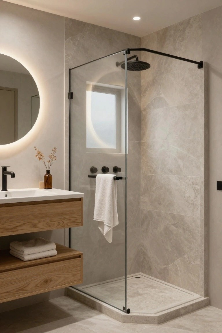 Modern bathroom with floating oak wood vanity and shelves, round backlit mirror, frameless glass shower enclosure with black rain showerhead and fixtures, and light gray veined tile walls and floor.
