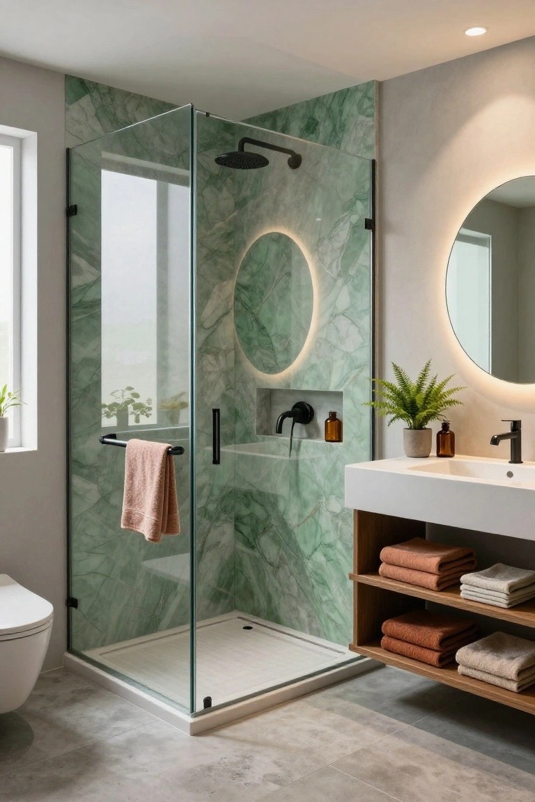 Modern bathroom with glass shower enclosure featuring green veined marble-like tile walls, wooden vanity cabinet under white sink with black faucet, round backlit mirror, potted fern, amber bottles, stacked towels, and white wall-hung toilet on gray tile floor.