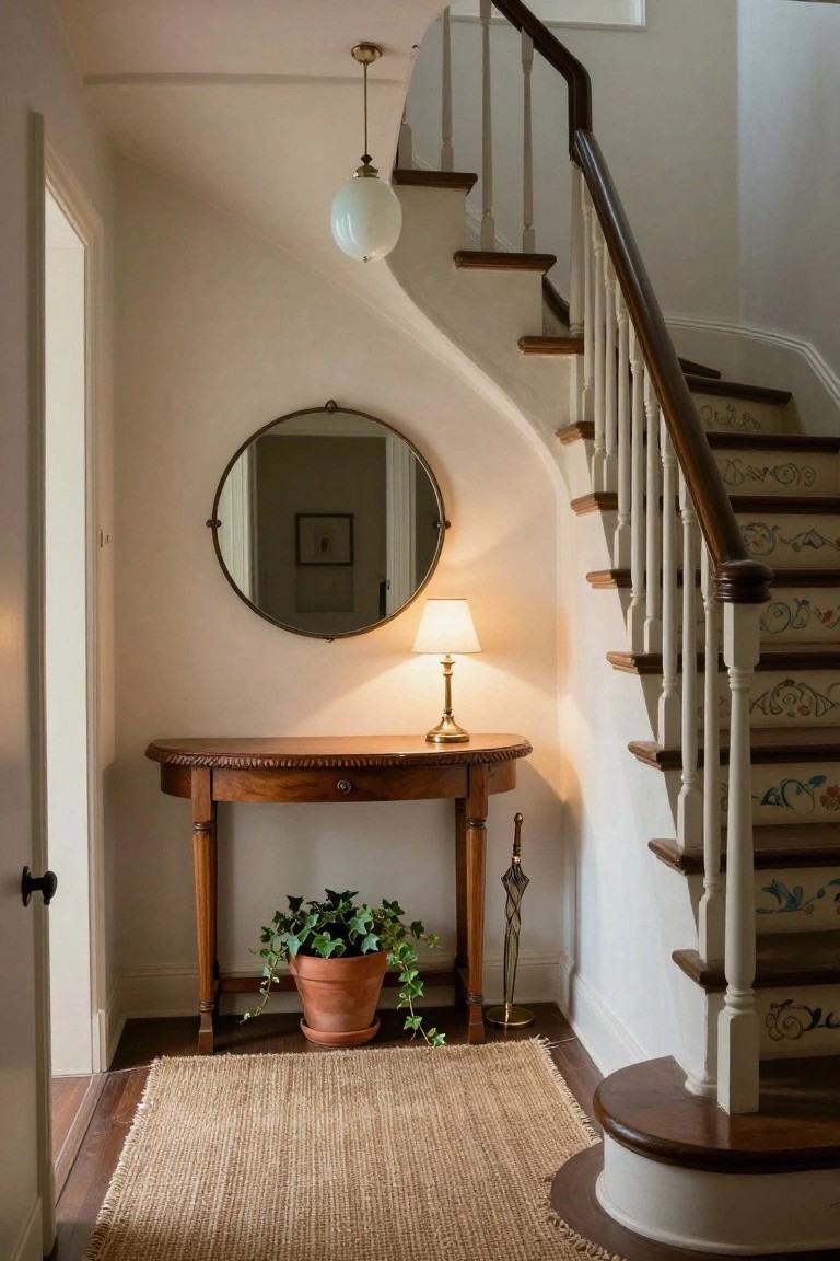 White hallway with curved wooden staircase featuring painted risers, round brass mirror over mahogany demilune console table holding lamp and plant, umbrella stand, jute rug on wood floor.