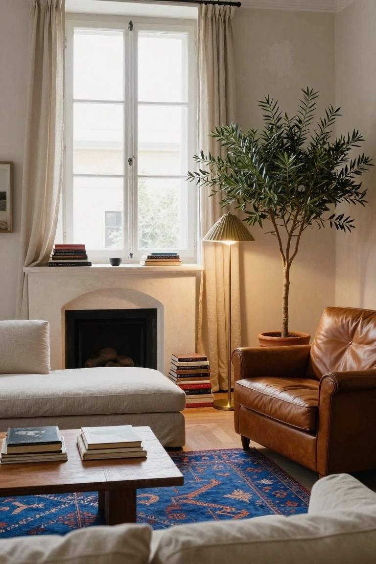 Light-filled living room corner with tall potted olive tree next to tan leather armchair, white sofa and chaise, wooden coffee table with stacked books, arched white fireplace, beige curtains on large windows, and blue rug on wood floors.