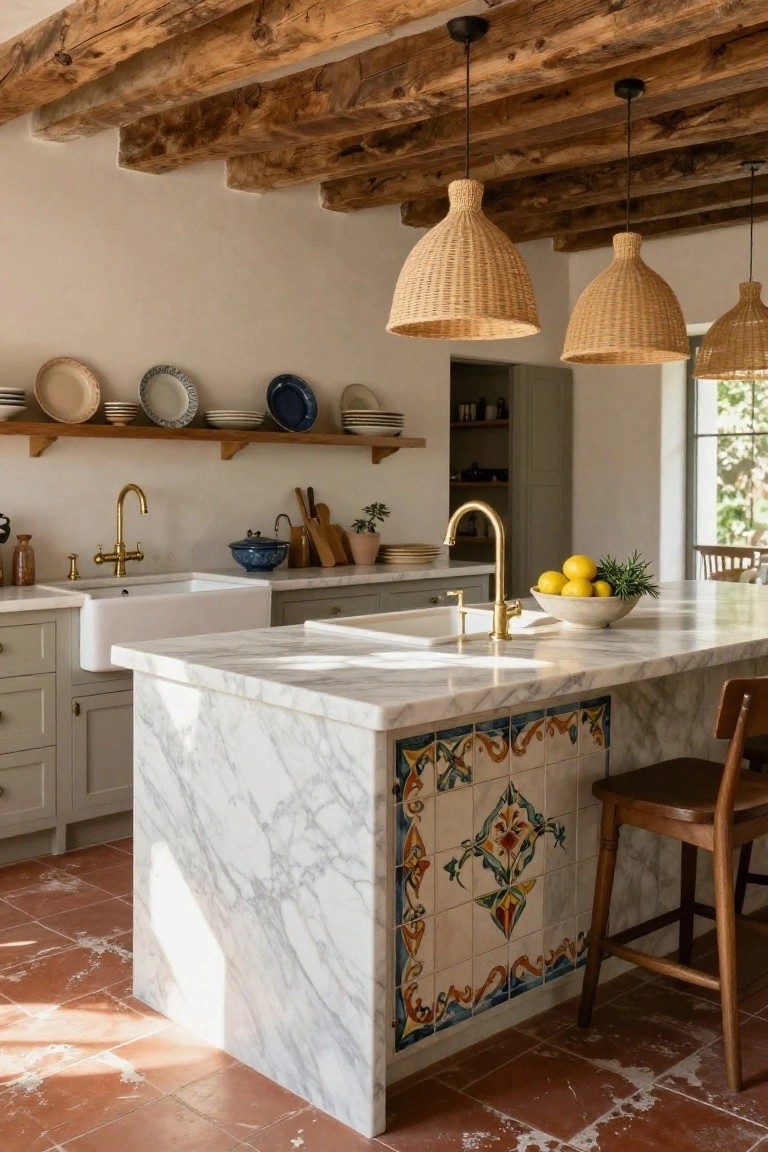 Kitchen with white marble island topped counter and base featuring colorful patterned ceramic tiles, farmhouse sink, rattan pendant lights, exposed wood beams, and wooden bar stool on terracotta floor.