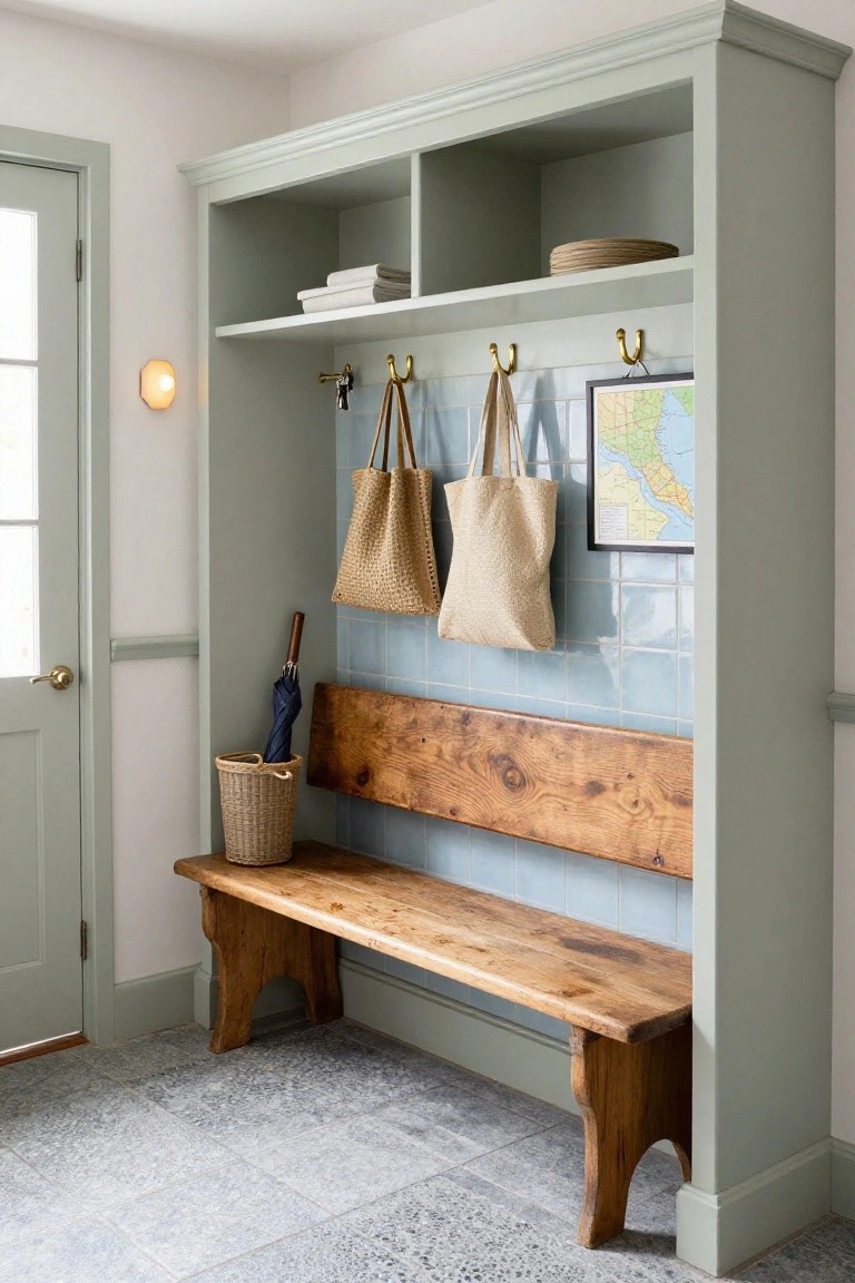 Sage green painted built-in cabinetry in an entryway with upper shelves, middle hooks holding tote bags and keys, blue tiled backsplash, wooden bench seat, umbrella stand, and wicker basket.