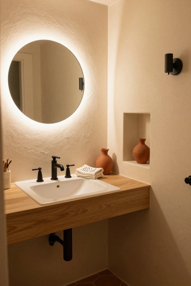 Bathroom vanity with floating oak countertop and white sink, black faucet, round backlit mirror above, recessed wall niche holding two terracotta pots, textured beige walls, and black wall light.