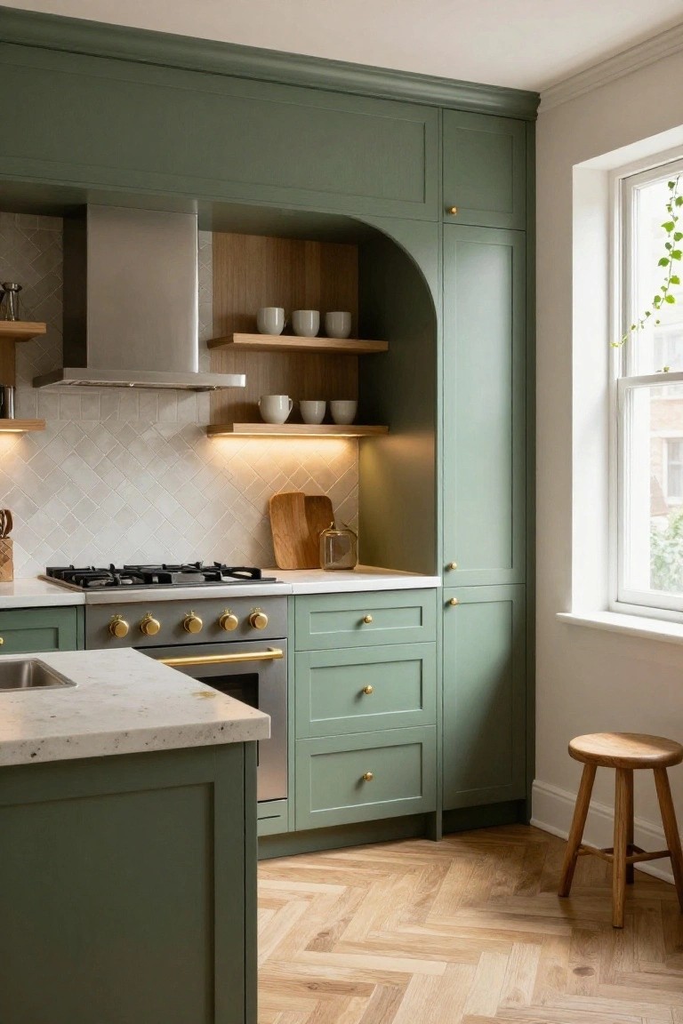 Kitchen interior with sage green cabinets, white marble countertops, gas range with brass knobs, arched wooden shelves above stainless steel hood, white herringbone backsplash tiles, island with sink, wooden stool, and herringbone oak flooring.