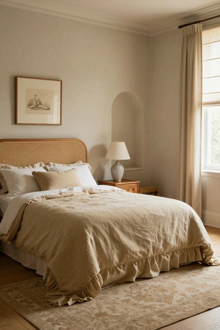 Bedroom corner with rattan headboard bed dressed in beige linen bedding and pillows, wooden bedside table holding a white lamp, pale walls, window with sheer curtains, and framed artwork.