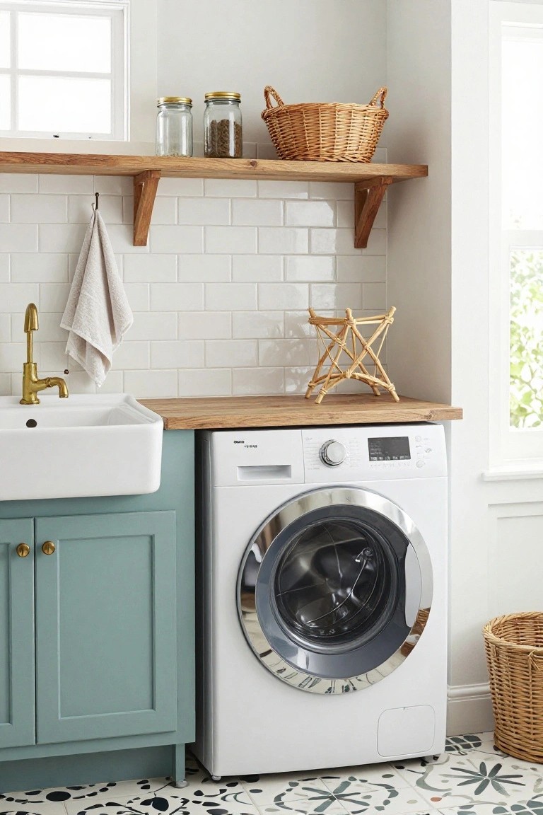 Laundry room with white front-loading washer next to teal cabinets under wooden countertop and white farmhouse sink, gold faucet, white subway tile backsplash, wooden floating shelves with glass jars and wicker basket, rattan stand, hanging towel, and patterned floor tiles.