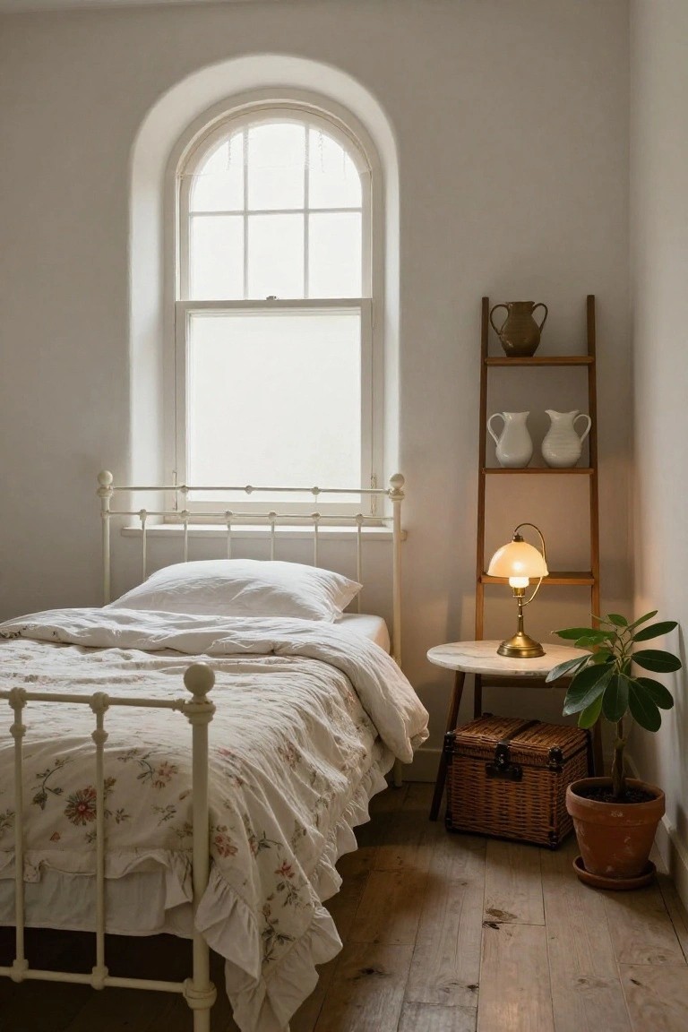 Small bedroom corner with white iron bed covered in white floral linens, arched window with sheer curtain, wooden ladder shelf holding pottery jugs, brass lamp on marble side table next to potted plant, and wicker trunk on wooden floor.