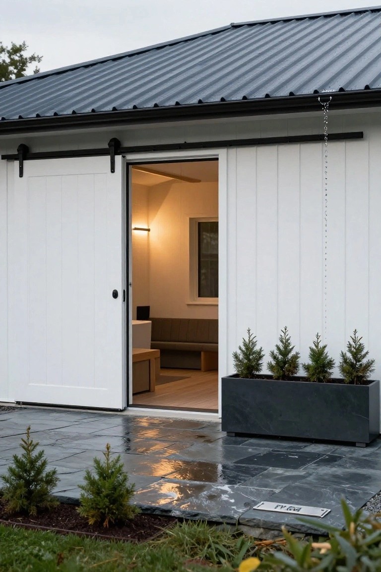 White shiplap barn-style building with dark corrugated metal roof and large open sliding barn doors revealing interior bench seating and lighting, next to black planters with conifers on wet dark slate pavers surrounded by small trees and grass.
