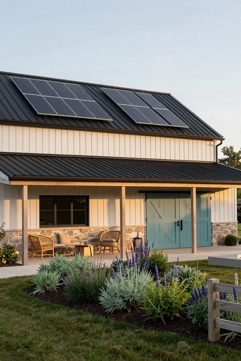 White barn-style house with black metal roof covered in solar panels, turquoise sliding barn door on porch with wicker chairs and table, stone base, and landscaped plant beds with wooden fence.