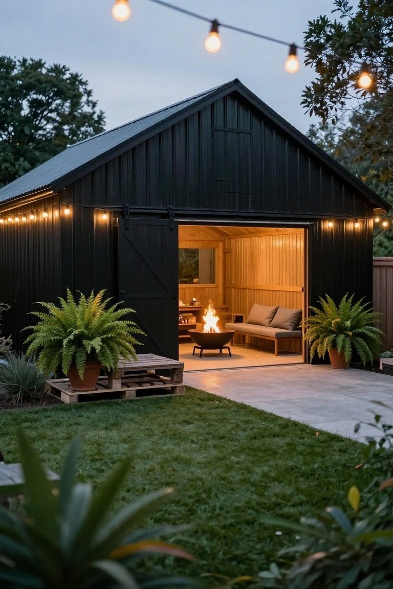 Black barn-style outbuilding with large open sliding doors revealing light wood interior walls, gray sofa, central metal fire bowl on concrete patio floor, potted ferns, wooden stools, and string lights at dusk in a grassy garden with trees.