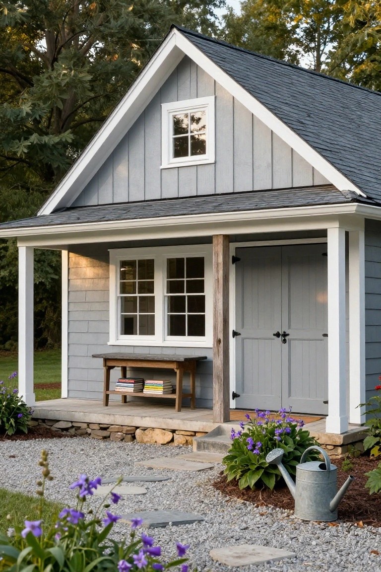 Gray clapboard barn-style shed with gabled roof, covered front porch supported by wooden posts, built-in wooden bench, double gray doors, double-hung windows, gravel path, stone steps, and purple flowers in the yard.