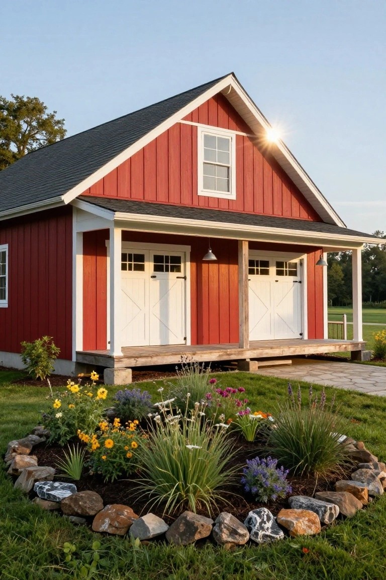 Red board-and-batten barn-style detached garage with gabled black roof, white double garage doors under a covered porch, and rock-bordered flower garden in front.