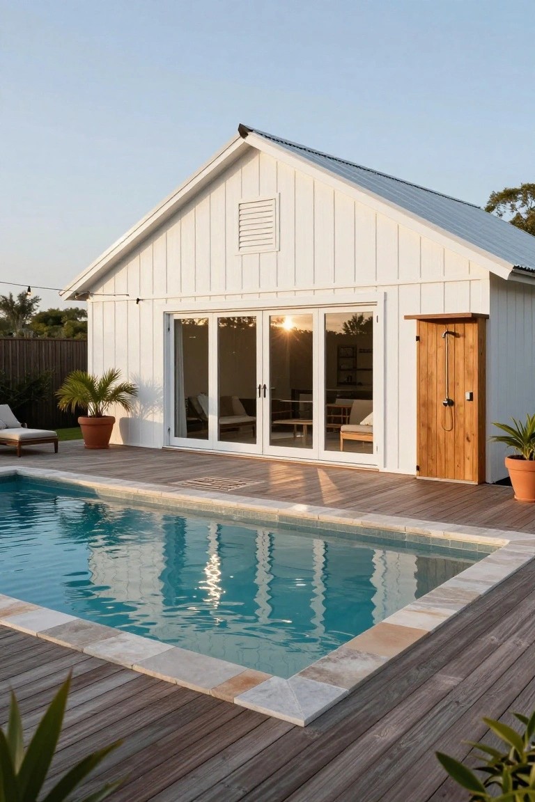 White board-and-batten gabled building with large glass doors and wooden outdoor shower beside a turquoise pool on a wooden deck with potted plants and a lounge chair.
