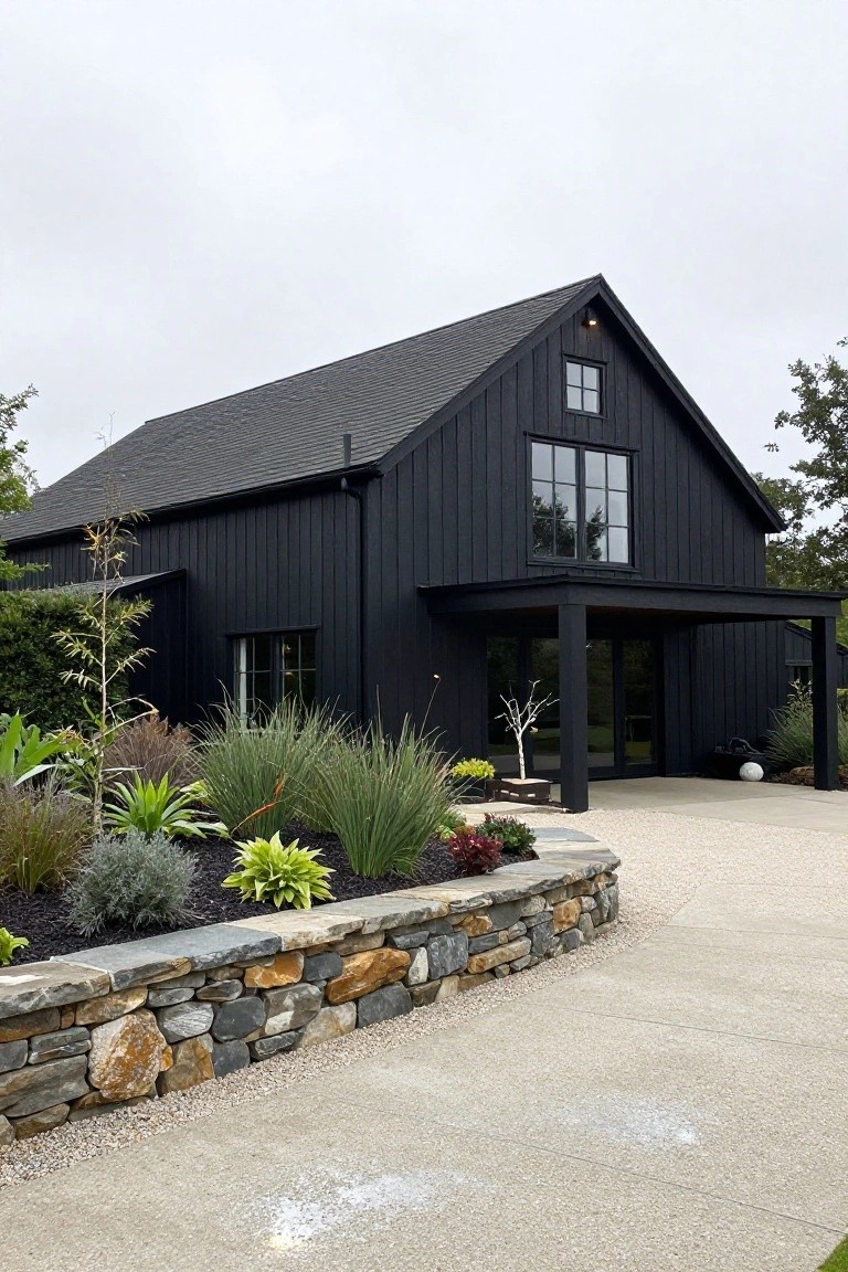 Black vertical board-and-batten sided barn-style house with gabled roof, black-framed windows, covered entry porch, landscaped plants in curved beds edged by a stone retaining wall, and concrete driveway.