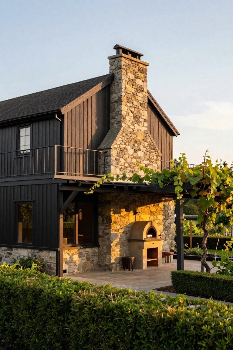 Two-story barn-style house exterior with black vertical siding, tall light stone chimney, wooden balcony railing, vine-covered pergola over a patio with wood-fired oven, and surrounding hedges.