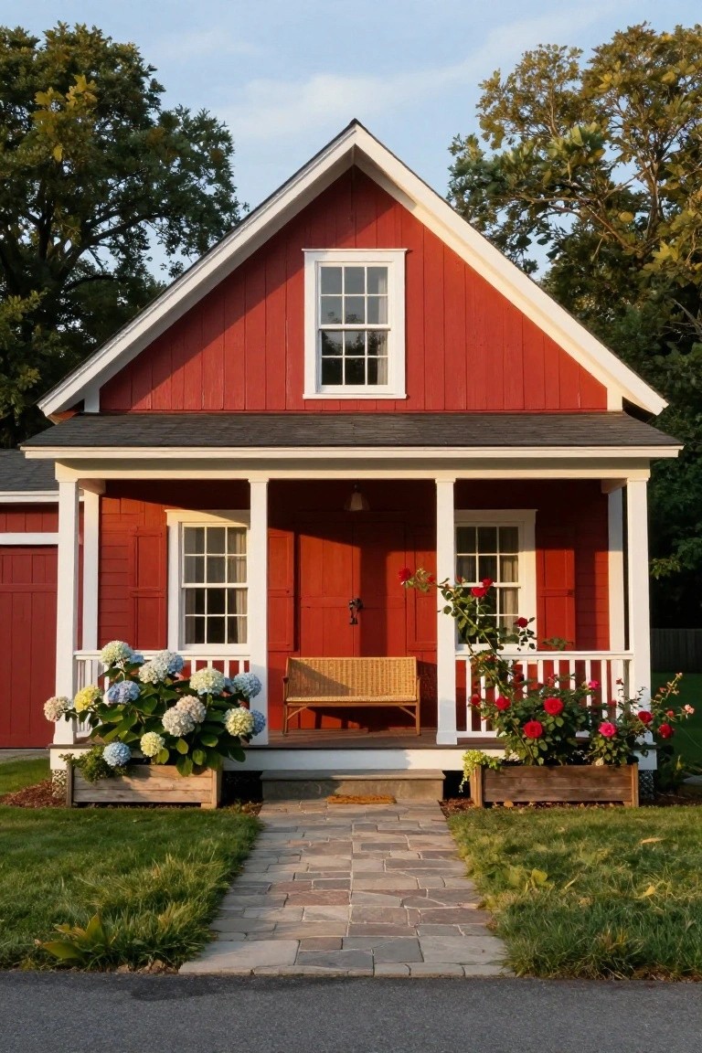 Red cottage with porch, hydrangeas, roses, stone path, and trees.