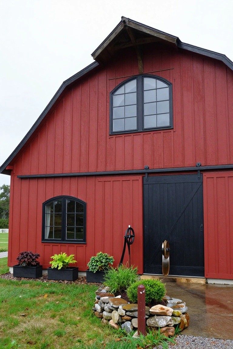 Red board-and-batten barn-style house exterior featuring a gambrel roof, black-framed arched windows, large black sliding barn door, and potted plants in black containers at the base near a stone garden border.