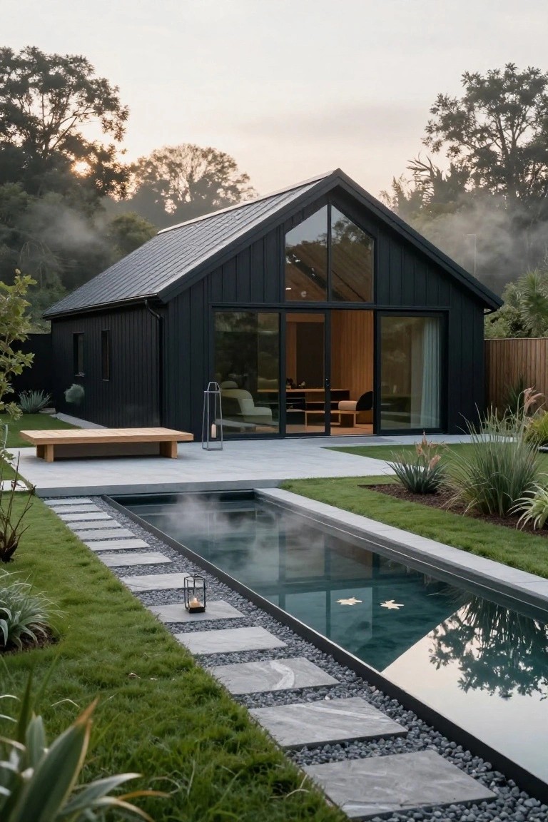 Black barn-style house with steep gabled roof, large triangular glass wall and sliding doors opening to a concrete patio, wooden bench, and narrow rectangular pool edged in stone, surrounded by low grasses, agaves, and trees in morning mist.