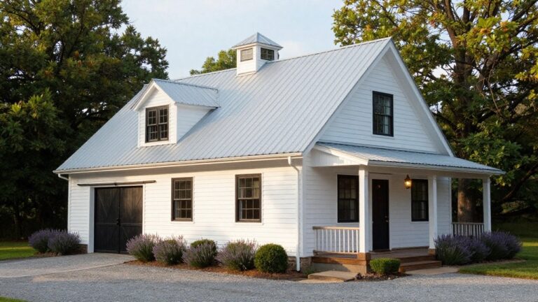 White two-story barn-style house with gray standing seam metal roof, octagonal cupola, black-framed windows, double garage doors, covered front porch, gravel driveway, and lavender plantings in the yard.