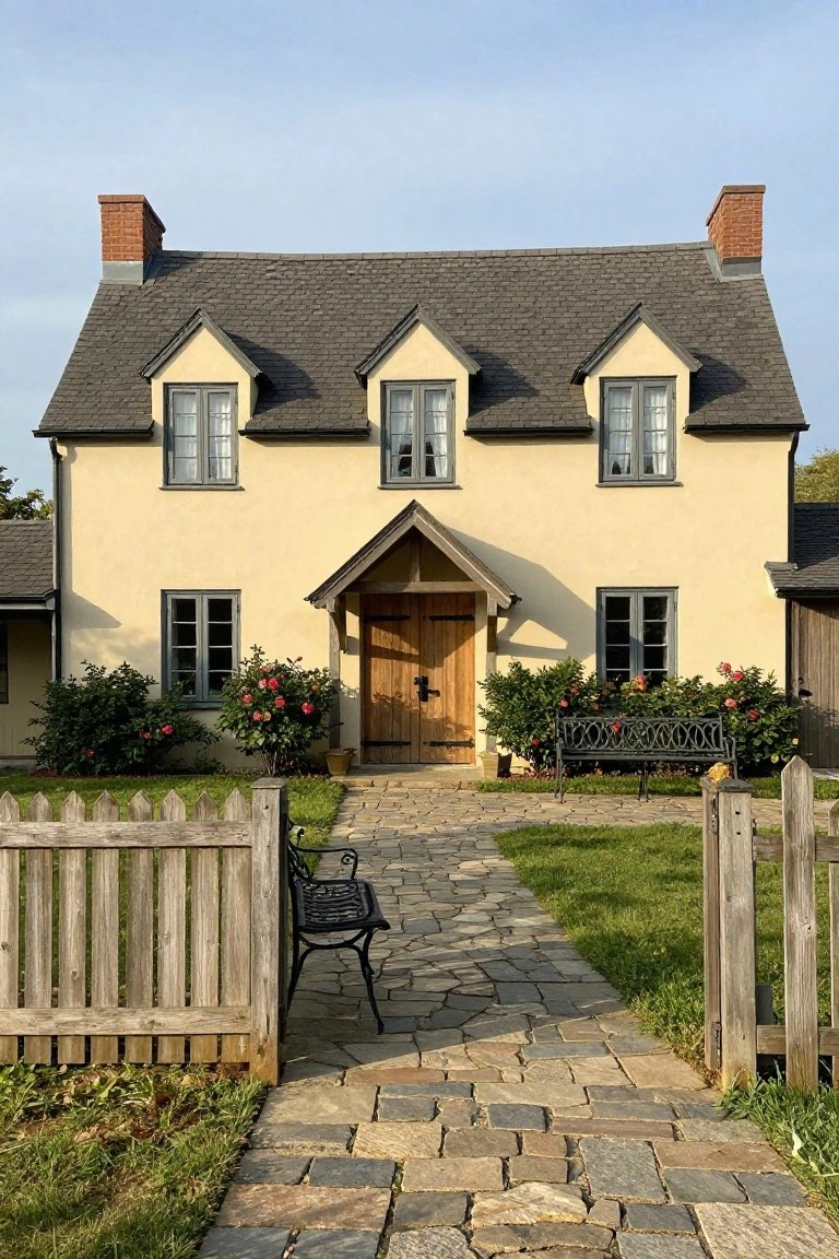 Beige stucco house with dark slate gabled roof and dormers, timber-framed porch sheltering an oak front door, rose bushes on sides, black metal bench, stone walkway through white picket fence gate, green lawn and outbuildings visible.