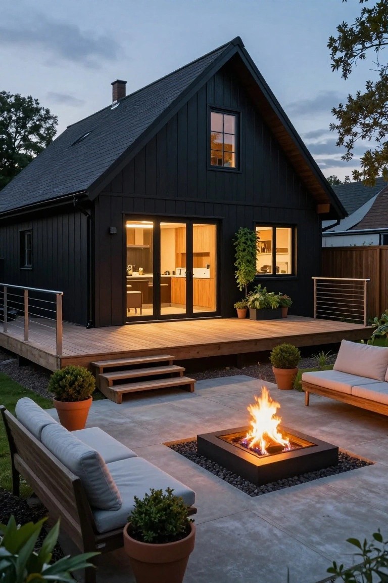 Black barn-style house at dusk with wooden deck and stairs leading to a paver patio centered on a lit square gas fire pit, surrounded by beige outdoor sofas, a wooden bench, and potted plants.