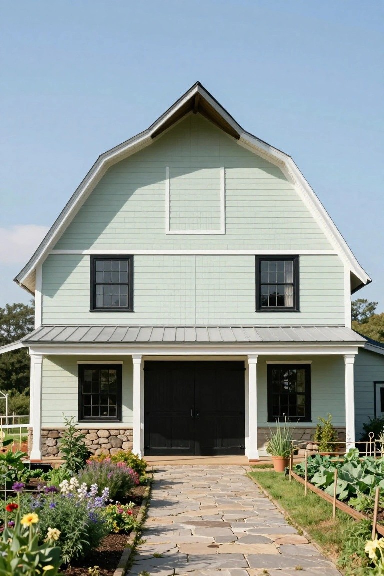 Pale green barn-style house with gambrel roof, black windows and double doors, covered front porch on stone base, leading to stone pathway amid flower beds and vegetable garden.