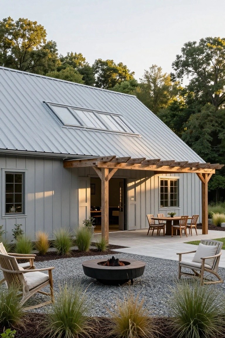 Gray board-and-batten sided barn house with standing-seam metal roof and attached wood pergola porch containing a round dining table and chairs, adjacent gravel patio with circular fire pit, two lounge chairs, and ornamental grasses, trees in background at dusk.