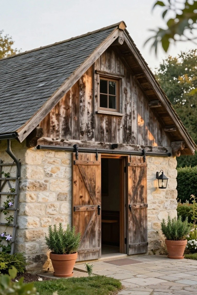 Small barn-style outbuilding with stone base, weathered vertical wood siding, dark slate roof, open sliding barn doors, lantern light, potted rosemary plants on stone patio surrounded by landscaping.