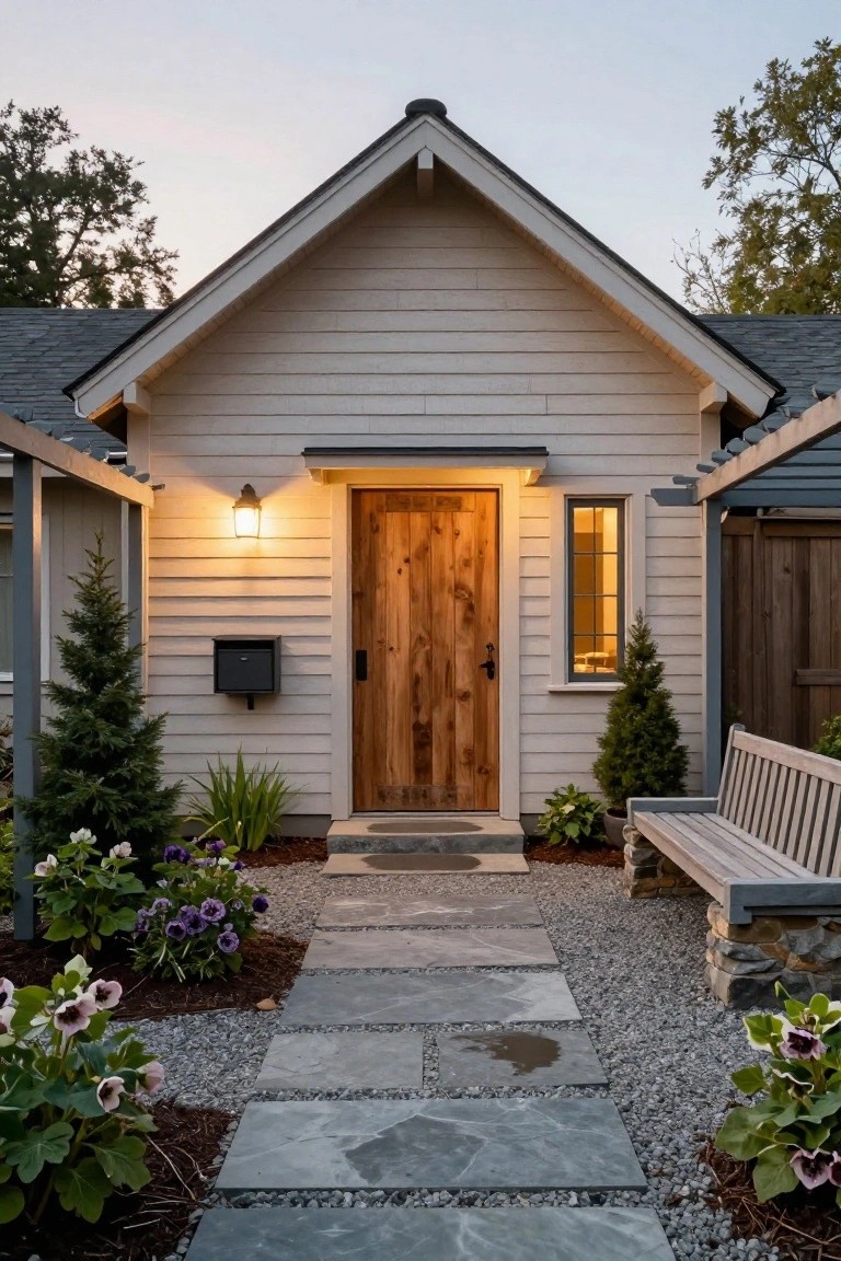 Front exterior view of a small white board-and-batten gabled house with a wooden entry door lit by a wall lantern, stone pathway, potted plants, trees, and gravel landscaping.