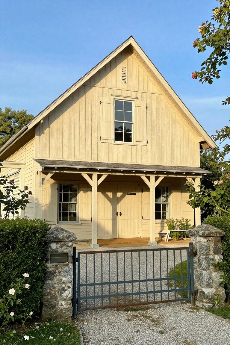 A pale wood board-and-batten barn-style house with a gabled roof, deep covered front porch supported by timber posts, double doors, flanked by stone pillars with a metal gate, and surrounded by shrubs and roses.