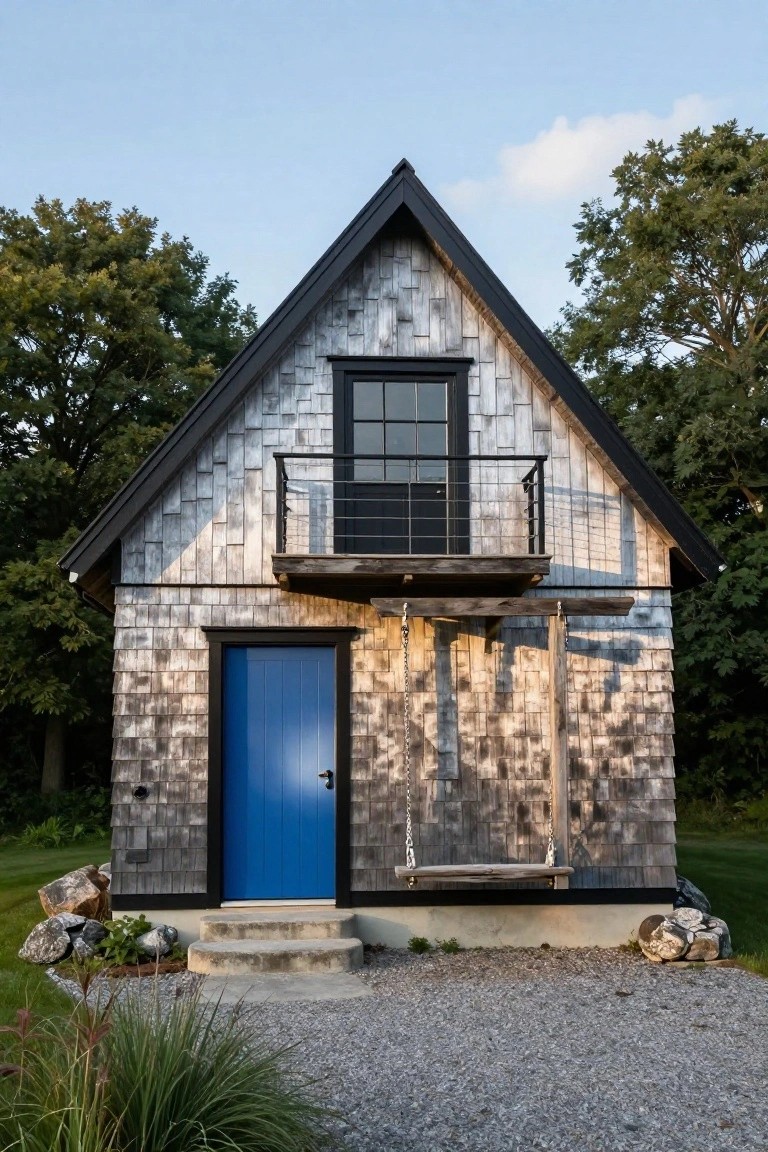Small two-story barn-style house with gray shingle siding, black-trimmed windows and blue front door, small upper balcony with swing hanging from it, concrete steps, gravel driveway, rocks and trees around the base.