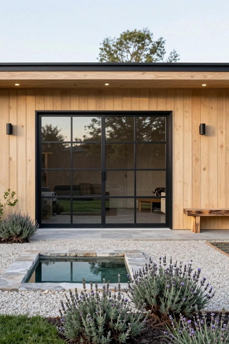 Exterior of a light wood clad barn-style building featuring large black metal-framed glass sliding doors, black cylinder wall lights, a wooden bench to the side, lavender plants, a small rectangular reflecting pool with stone edging, gravel, and grass nearby.