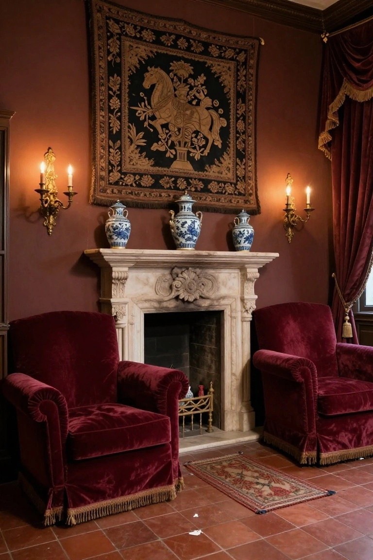 A traditional living room with two matching red velvet armchairs flanking a carved white marble fireplace on a red tiled floor, blue porcelain vases on the mantel, gilded wall sconces, and a large tapestry hanging on the maroon wall.