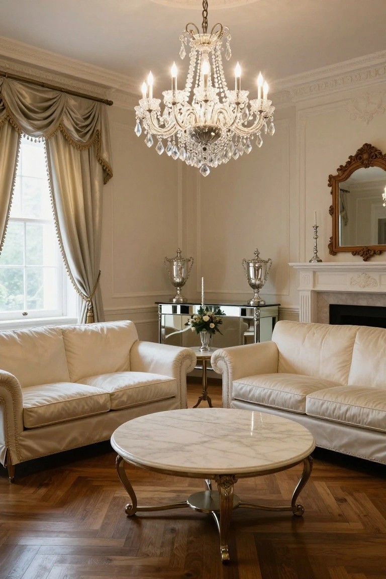 A traditional living room featuring two cream upholstered sofas facing each other across a round white marble coffee table on parquet wood flooring, with a crystal chandelier overhead, ornate fireplace, and console table with silver urns.