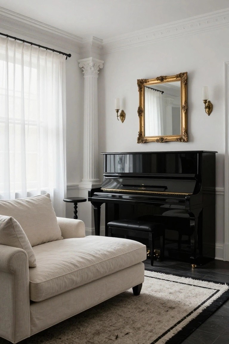 White-walled traditional living room with black grand piano, cream chaise lounge on black floor with white rug, ornate gold mirror on wall, column detail, and sheer curtains at window.