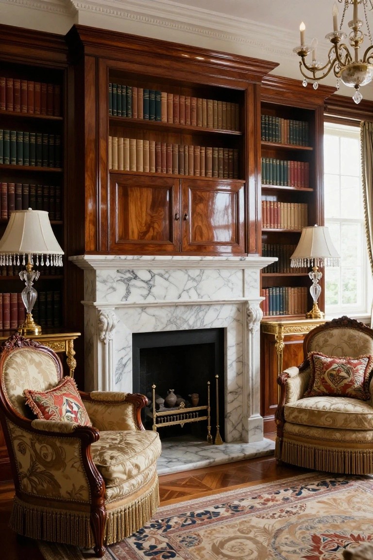 A traditional library-style living room with dark wood built-in bookcases flanking a white marble fireplace, two cream upholstered armchairs with patterned pillows, table lamps on gilded side tables, and a chandelier overhead.