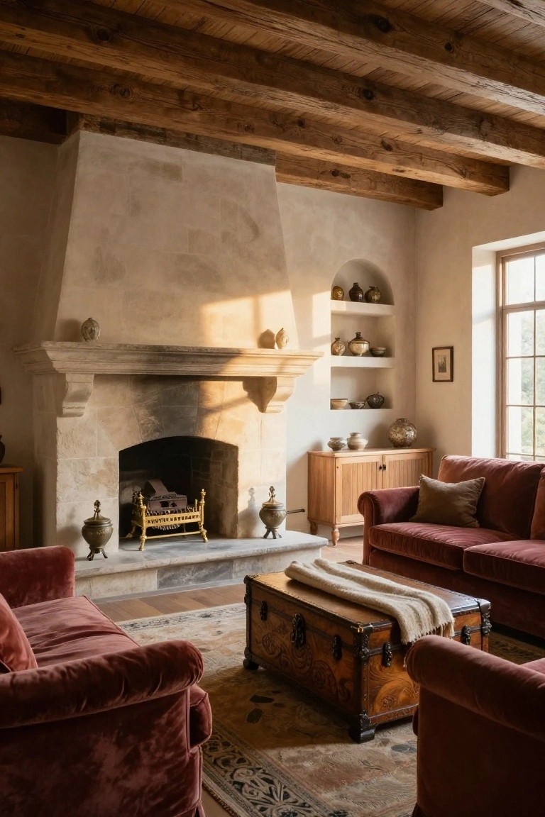 Living room interior with large light stone fireplace mantel, burning fire in grate, red velvet sofas and chairs, wooden trunk coffee table, exposed wooden ceiling beams, wooden side cabinets, pottery on shelves, and tall windows.