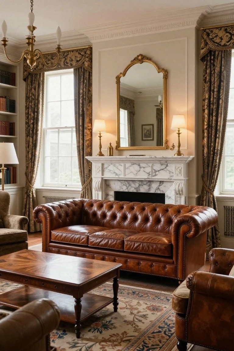 Traditional living room with brown tufted leather Chesterfield sofa facing marble fireplace, flanked by bookshelves, ornate mirror, and heavy drapes on tall windows.