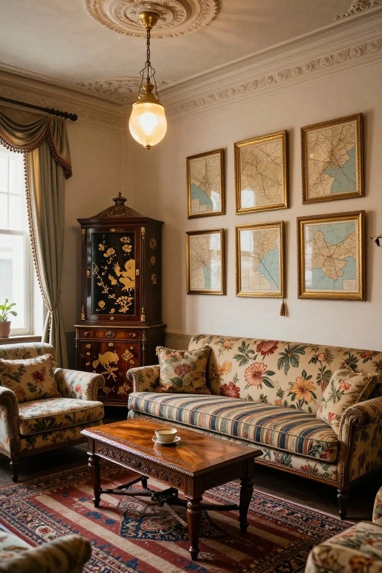 Traditional living room featuring floral-upholstered sofas and armchairs around a carved wooden coffee table, a tall chinoiserie cabinet in one corner, gold-framed antique maps on the walls, and a hanging lantern light.