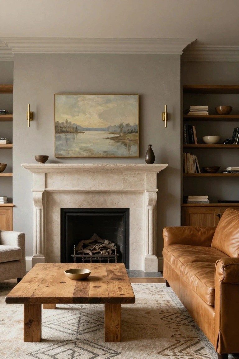 A living room with a white sculpted marble fireplace mantel and firebox containing logs, flanked by wooden built-in bookshelves, a tan leather sofa, square wooden coffee table on a patterned rug, and a landscape painting above the mantel.