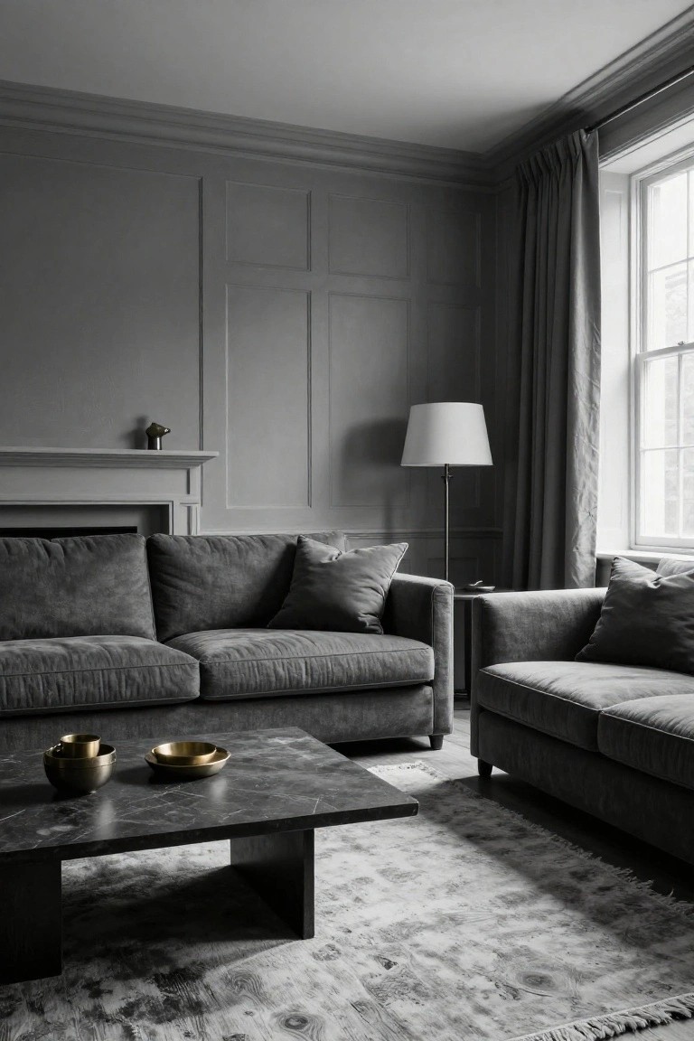 Gray paneled living room with two facing gray upholstered sofas, black marble coffee table holding gold bowls, white lamp, fireplace mantel with sculpture, window with gray curtains, and light gray rug.
